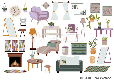 Scandinavian interior collection in flat design. Furniture for cozy room with armchairs, tables, houseplants, pictures, decor and others isolated elements set. Vector illustration. Hand drawn style. 98352622