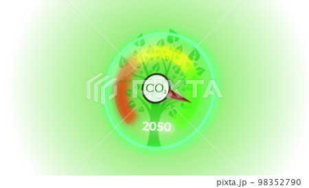 3D digital dashboard of CO2 level gauge percentage. Decrease the level of CO2 by 2045 policy animation concept on white background. 98352790