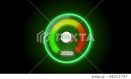 3D digital dashboard of CO2 level gauge percentage. Increasing the level of CO2 by 2030 policy animation concept on black background. 98352797