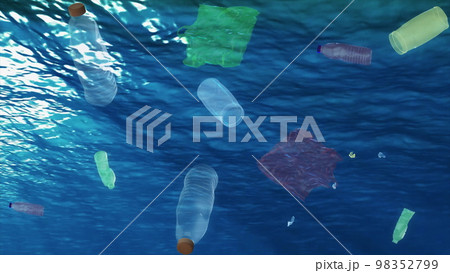 Underwater plastic garbage trash in the ocean. Polluted water with plastic garbage. 3D animation ocean waste plastic bottle and bags. 98352799