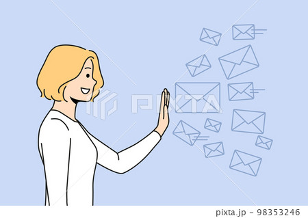 Smiling woman stop numerous letters  98353246