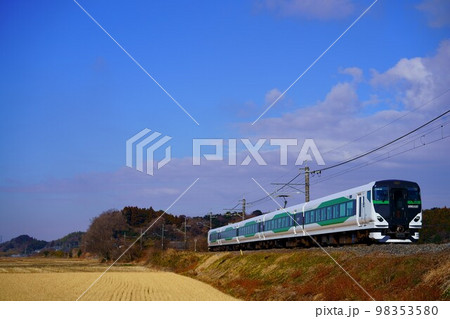 冬の田園地帯を走る特急成田山初詣ぐんま号 冬の田園地帯を走る特急成田山初詣ぐんま号 98353580
