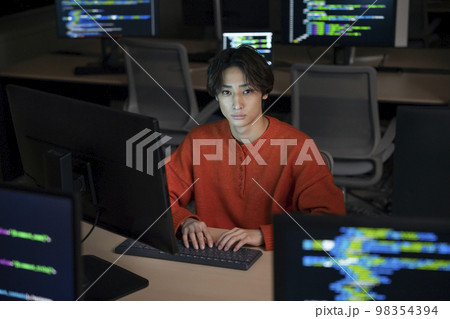 PCモニタに囲まれた若い男性 カメラ目線 エンジニア イメージ PCモニタに囲まれた若い男性 カメラ目線 エンジニア イメージ 98354394