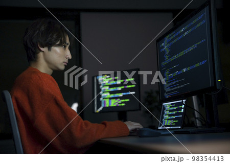 夜のオフィスで作業をする若いエンジニア 横顔 夜のオフィスで作業をする若いエンジニア 横顔 98354413