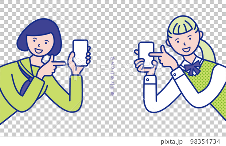 スマホを持った女子学生の上半身が横からひょっこりと出ているイメージのイラスト素材【セット】 98354734