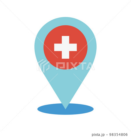 Hospital location pin icon. Cross plus geotag location pin medical. Hospital location pin icon. Cross plus geotag location pin medical. 98354806