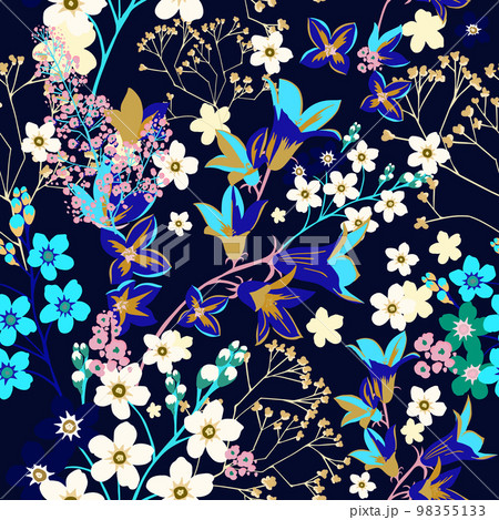 Abstract seamless pattern of forget-me-nots and bluebells. Background for creating textiles, fabrics, paper, wallpapers. Dark background. Vector illustration. Abstract seamless pattern of forget-me-nots and bluebells. Background for creating textiles, fabrics, paper, wallpapers. Dark background. Vector illustration. 98355133