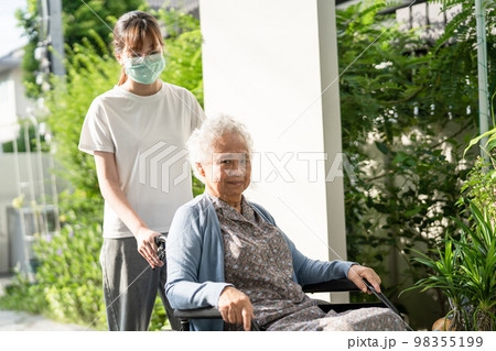 Caregiver help and care Asian senior or elderly old lady woman patient sitting on wheelchair to ramp in nursing hospital, healthy strong medical concept. Caregiver help and care Asian senior or elderly old lady woman patient sitting on wheelchair to ramp in nursing hospital, healthy strong medical concept. 98355199
