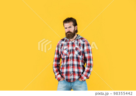 mature handsome man in checkered shirt has beard on face, fashion mature handsome man in checkered shirt has beard on face, fashion 98355442