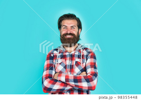 being in good mood. barbershop concept. mens wear. mature handsome guy in checkered shirt. stylish male wear casual clothes. bearded man with moustache on unshaven face. fashion and beauty 98355448