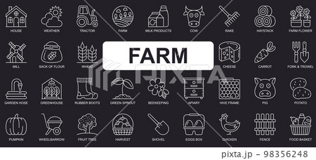 Farm concept simple line icons set. Bundle of house, tractor, milk products, cow, cheese, carrot, garden, greenhouse, beekeeping and other. Vector pack outline symbols for website or mobile app design Farm concept simple line icons set. Bundle of house, tractor, milk products, cow, cheese, carrot, garden, greenhouse, beekeeping and other. Vector pack outline symbols for website or mobile app design 98356248