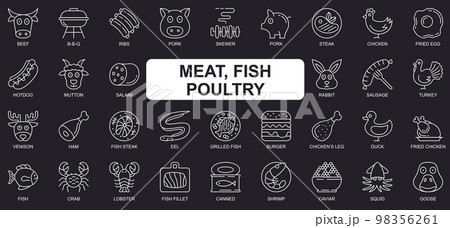 Meat, fish and poultry concept simple line icons set. Bundle of beef, bbq, pork, chicken, hot dog, sausage, burger, shrimp, crab and other. Vector pack outline symbols for website or mobile app design Meat, fish and poultry concept simple line icons set. Bundle of beef, bbq, pork, chicken, hot dog, sausage, burger, shrimp, crab and other. Vector pack outline symbols for website or mobile app design 98356261