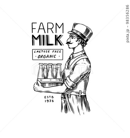 Milk delivery. Milkman in an apron with cans of milk. Vintage logo or label for shop. Badge for t 98356286