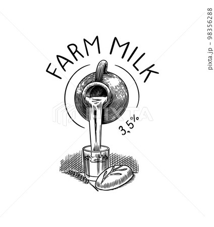 Milk is pouring from a jug. Vintage logo or label for shop. Badge for t-shirts. Hand Drawn engrave 98356288