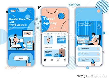 Travel agency concept onboarding screens for mobile app templates. Operator helps to choose tour, trip, vacation. UI, UX, GUI user interface kit with people scenes for web design. Vector illustration 98356680