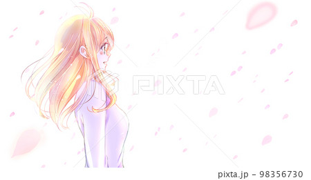 穏やかな表情の女性　桜吹雪　逆光 98356730