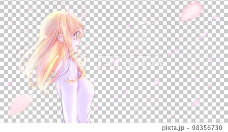 穏やかな表情の女性　桜吹雪　逆光 98356730