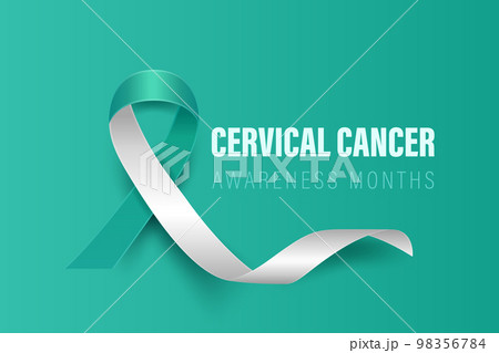 Cervical Cancer Banner, Card, Placard with Vector 3d Realistic Teal and White Ribbon on Teal Background. Cervical Cancer Awareness Month Symbol Closeup. World Cervical Cancer Day Concept 98356784