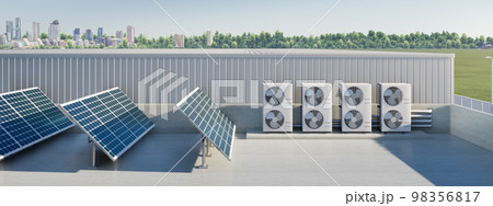 3d rendering of solar panel, condenser unit on rooftop. 3d rendering of solar panel, condenser unit on rooftop. 98356817