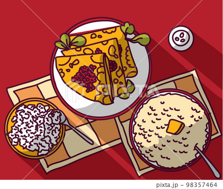 Russian food pancakes red food cottage cheese porridge butter 98357464
