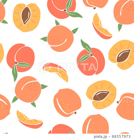 Seamless pattern with colored peaches. Decorative fruits and leaves. 98357973