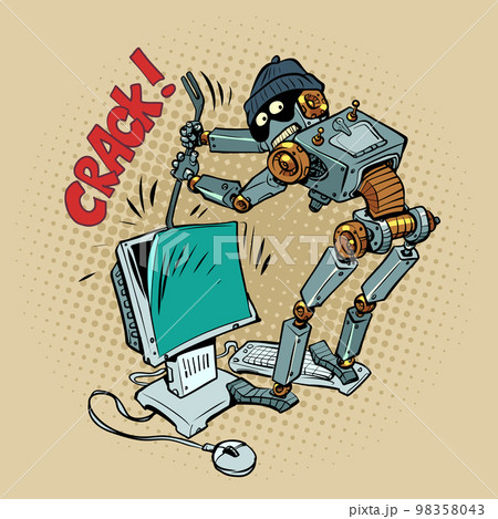 A humanoid robot robber and a thief in a cap hacks into your computer. The problem of security and authentication in the digital space. Attack of hackers on your system. 98358043