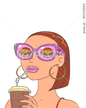 A girl in original glasses drinks a drink and thinks about buying. Potential consumer of a service or offer. A girl in original glasses drinks a drink and thinks about buying. Potential consumer of a service or offer. 98358069