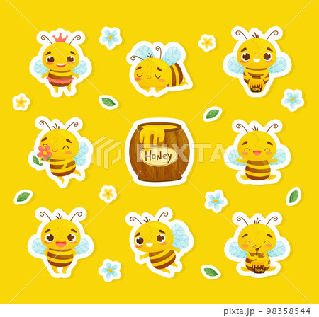 Cute Honey Bee Sticker with Busy Insect and Natural Sweet Food in Pot Vector Set 98358544