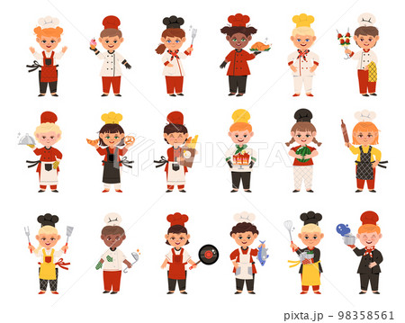 Smiling Boy and Girl Wearing Toque and Jacket Engaged in Culinary Vector Illustration Big Set 98358561