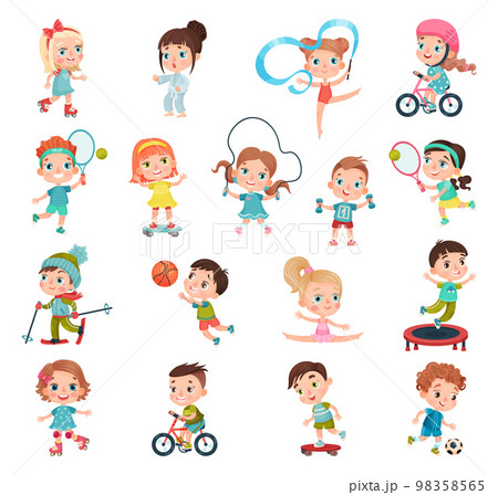 Kids Practicing Different Sports and Physical Activities In Education Class Gym and Outdoors Vector Set 98358565