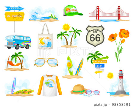 California Travel and Tourism with Summer Beach Objects Vector Set California Travel and Tourism with Summer Beach Objects Vector Set 98358591