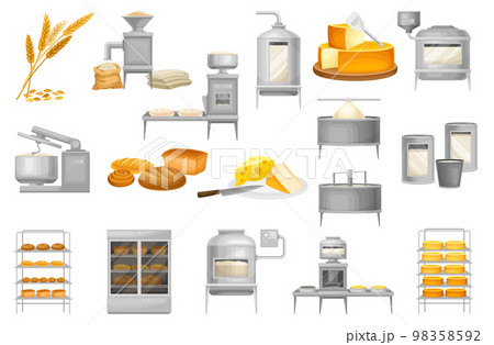 Bread and Cheese Production with Industrial Equipment and Ready Product Vector Set Bread and Cheese Production with Industrial Equipment and Ready Product Vector Set 98358592