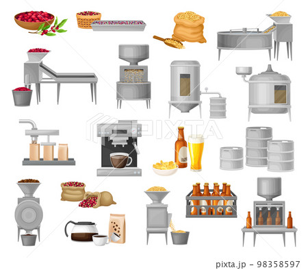 Beer and Coffee Production with Machine and Metal Brewing Equipment Vector Set 98358597