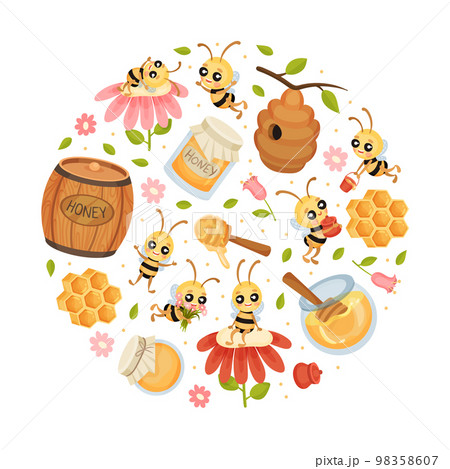 Cute Honey Bee Round Composition Design with Busy Insect and Natural Sweet Food Vector Template 98358607