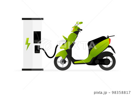 Electric Scooter and Charging Station. Green Modern Scooter recharges batteries. Eco Delivery Transport Concept. Vector Illustration. 98358817