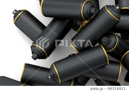 Lots of flying spray paint cans on white background. Spray bottle and dispenser 98358921
