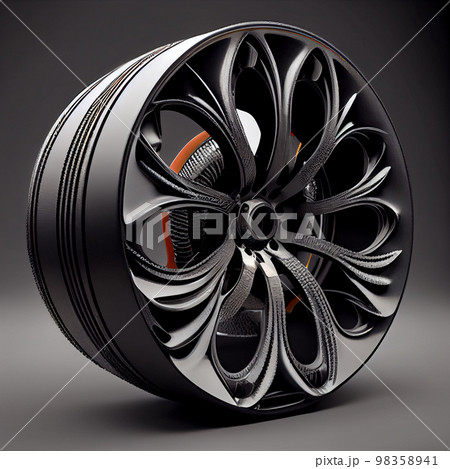 Black car wheel with carbon fiber barrel showing the weave Black car wheel with carbon fiber barrel showing the weave 98358941