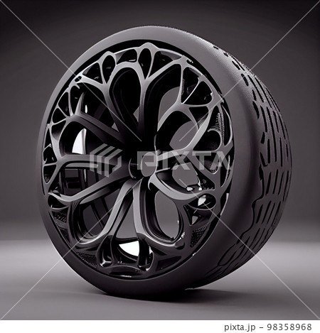 Black car wheel with carbon fiber barrel showing the weave Black car wheel with carbon fiber barrel showing the weave 98358968