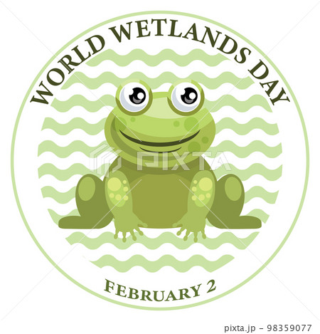 World Wetlands Day, funny frog in the swamp. February 2. Congratulation banner, postcard, poster, vector 98359077