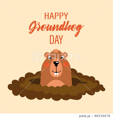 Happy groundhog day, funny groundhog character crawls out of the ground. Congratulation banner, postcard, poster, vector 98359078