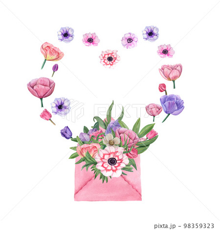 Watercolor anemone with pink envelope isolated on white background. For Save the date, Valentines day, birthday and mothers day cards, wedding invitation, postcard, decor Watercolor anemone with pink envelope isolated on white background. For Save the date, Valentines day, birthday and mothers day cards, wedding invitation, postcard, decor 98359323