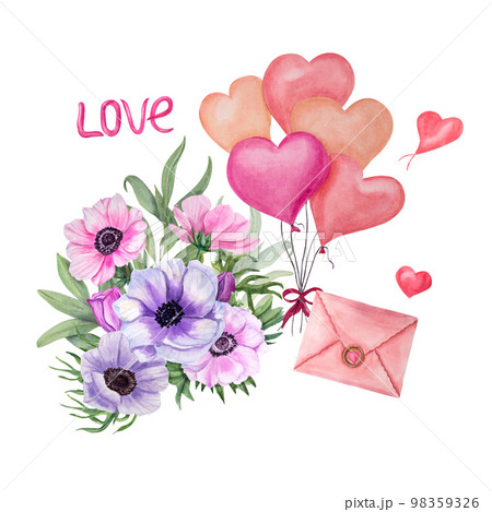 Watercolor anemone with pink envelope, ballons isolated on white background. For Save the date, Valentines day, birthday and mothers day cards, wedding invitation, postcard, decor Watercolor anemone with pink envelope, ballons isolated on white background. For Save the date, Valentines day, birthday and mothers day cards, wedding invitation, postcard, decor 98359326