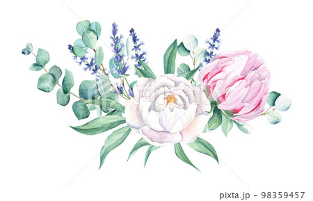 Watercolor bouquet, white and pink peony, lavender, eucalyptus. Hand painted illustration isolated on white background. Can be used for greeting cards, wedding invitations, save the date, textile and 98359457
