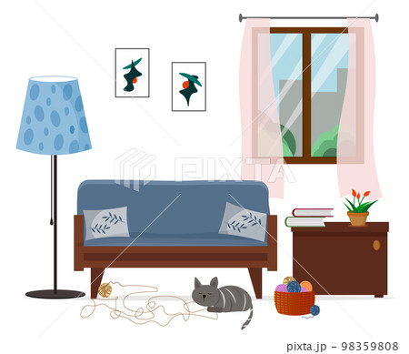 Interior illustration - sofa, floor lamp and nightstand. Window with curtains. The cat plays with balls for knitting. Vector.  98359808