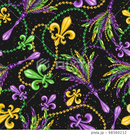 Seamless pattern with fleur de lis, strings of beads, feathers. Mardi gras carnival design. Vintage illustration for prints, clothing, surface design 98360212