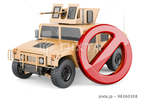 High Mobility Multipurpose Wheeled Vehicle with forbidden symbol, 3D rendering 98360308