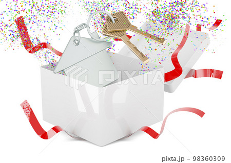 Home key with keychain inside gift box, 3D rendering 98360309