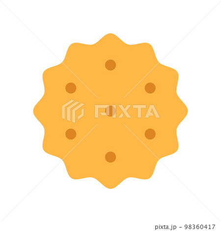 Crispy cheese cracker isolated on white background. Round shaped salted crunchy meal sign or logo flat design. Yellow baked wheat dessert. Healthy breakfast cookie top view illustration. 98360417