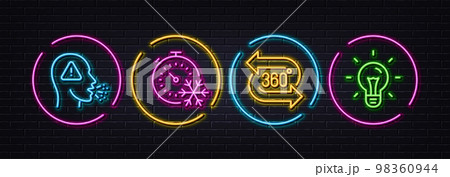 Cough, Freezing timer and 360 degree minimal line icons. Neon laser 3d lights. Idea icons. For web, application, printing. Flu symptom, Air conditioning, Virtual reality. Light bulb. Vector Cough, Freezing timer and 360 degree minimal line icons. Neon laser 3d lights. Idea icons. For web, application, printing. Flu symptom, Air conditioning, Virtual reality. Light bulb. Vector 98360944