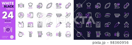 Frappe, Food delivery and Coffee maker line icons for website, printing. Collection of Romantic dinner, Peanut, Food order icons. Gluten free, Water bottle, Gingerbread man web elements. Vector 98360956